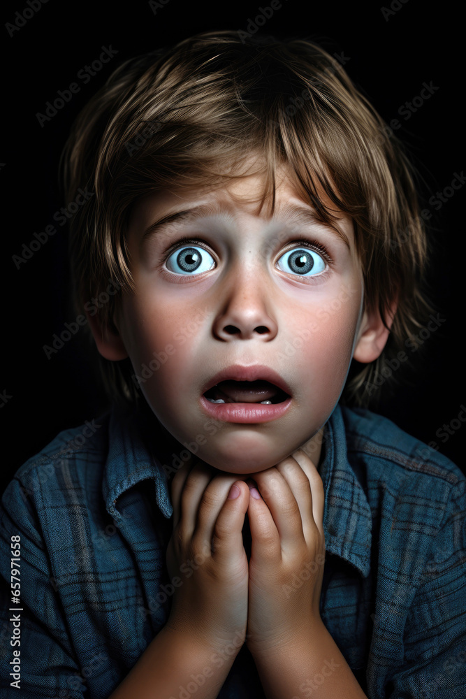 A child with an amazed and a little scared look because of horror movie. Generative AI A child with an amazed and a little scared look because of horror movie. Generative AI