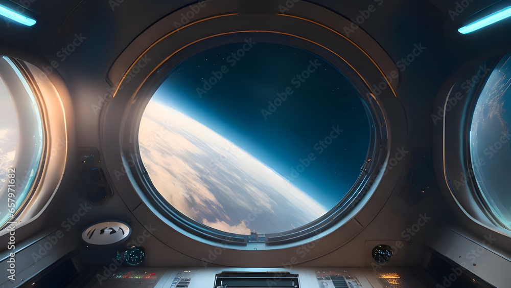 spaceship interior with a view out a dark window spaceship interior with a view out a dark window