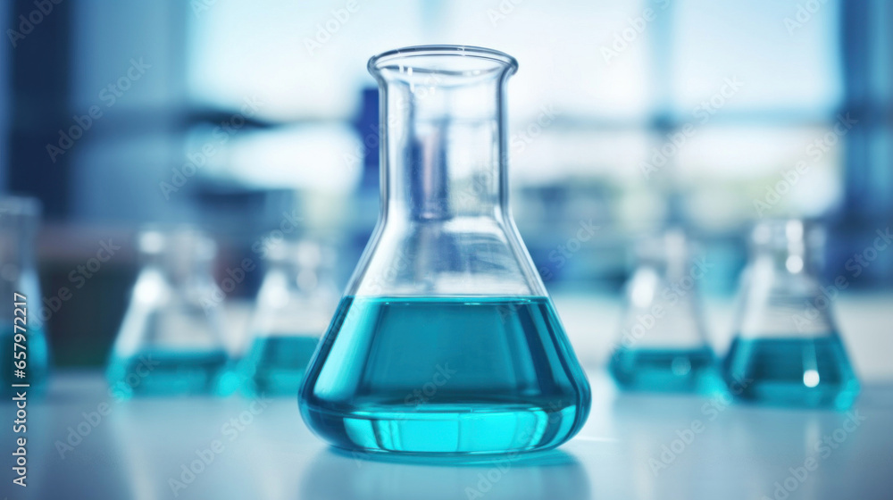 Science Beaker with blue water in the laboratory on a white table Science Beaker with blue water in the laboratory on a white table