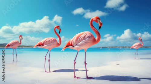 Pink flamingos on a beautiful beach