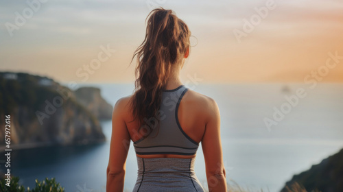 A girl is engaged in fitness against the background of the mountains and the sea. View from the back