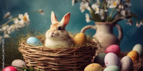 Easter grunge background with rabbit and eggs