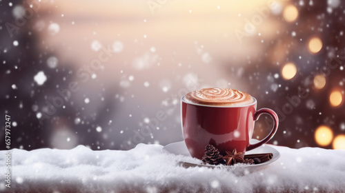 Winter background with a red cup of hot cappuccino and Christmas bokeh.