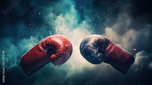 Boxing gloves on dark background in smoke