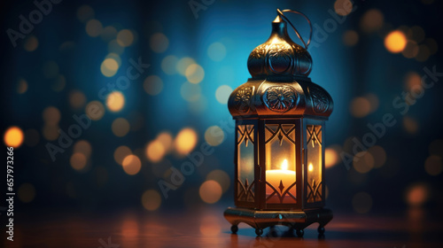 Lantern or Eid lamp with candle inside at night.