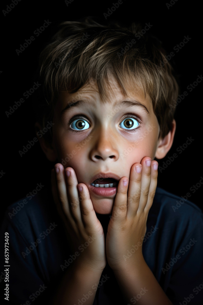 A child with an amazed and a little scared look because of horror movie. Generative AI A child with an amazed and a little scared look because of horror movie. Generative AI