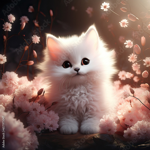 Portrait of a kitten in a sea of pink flowers,Serene Solitude: A Kitten Amidst a Floral Wonderland,cat in the garden