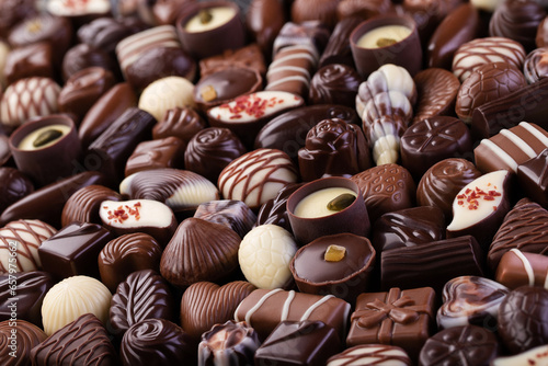 assorted chocolate candy with various patterns, dessert food background.