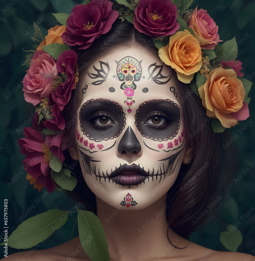 Create a unique sugar skull makeup art merging nature's beauty, featuring floral and fauna elements, transforming the model into a living masterpiece Create a unique sugar skull makeup art merging nature's beauty, featuring floral and fauna elements, transforming the model into a living masterpiece
