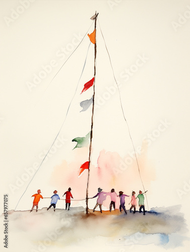 A Minimal Watercolor of Friends Dancing Around a Makeshift Maypole