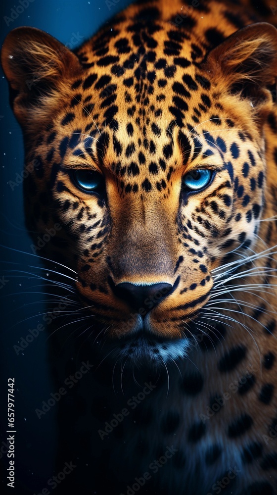 Obraz premium close-up of awesome leopard with textured background and huge space for text, vertical format, background image, generative AI