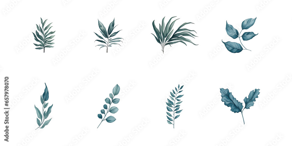 Watercolor leaf clipart set. Green plant collection isolated on white background. AI Generative