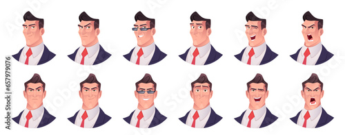 Various emotions of a handsome businessman. Emotional male in suit. Front view and three-quarter view