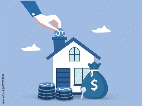 saving money for home loan. holding coin with home and bag money. real estate trading. Buying and selling house from banks. Mortgage and Lease. vector illustration flat design.