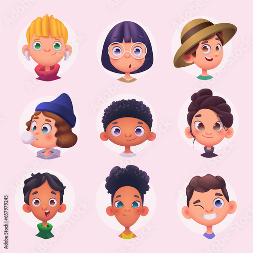 Cartoon 3D happy funny kids faces avatars in modern volumetric style