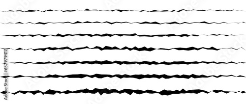 Jagged uneven lines set. Black scribble stroke collection. Grunge wavy zig zag border stripes bundle. Edgy rough scribble design elements pack for poster, banner, booklet, brochure, decoration. Vector