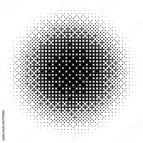 Radial halftone gradient texture. Dotted round pattern background. Abstract 8 bit faded pop art wallpaper. Vanishing spotted pixelated design backdrop for banner, poster, flyer, cover. Vector bitmap