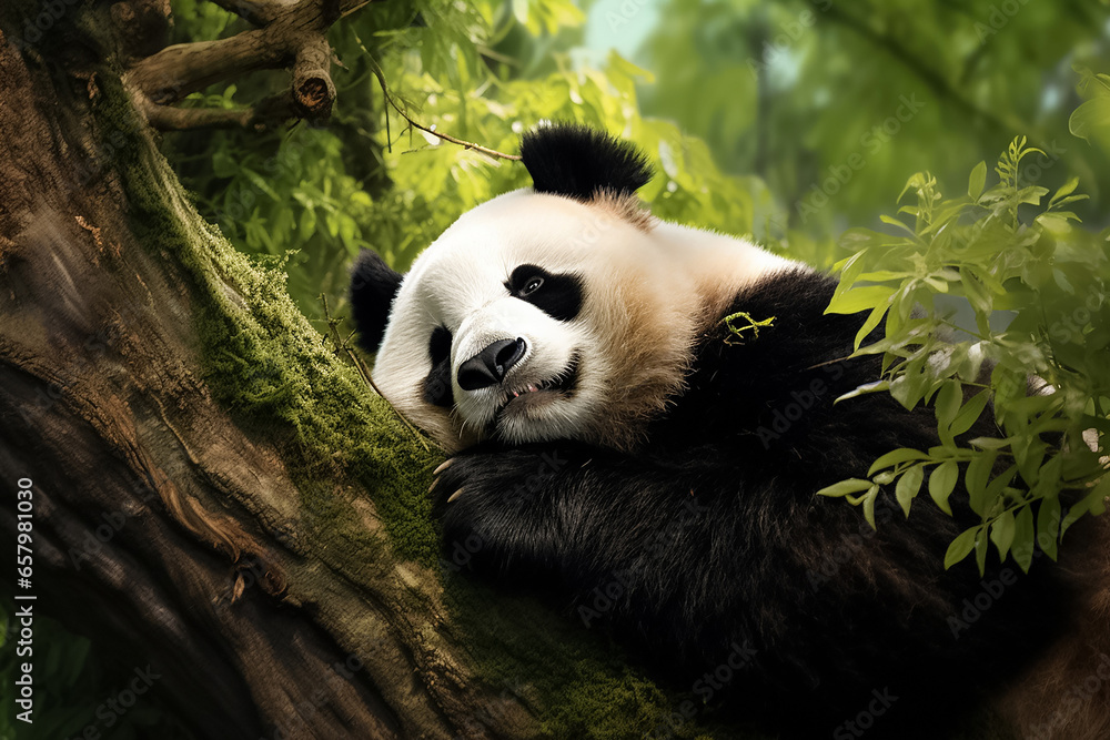 Fototapeta premium The portrait of a cute panda laying on a strength branch tree in a forest pleasingly, Generative AI.
