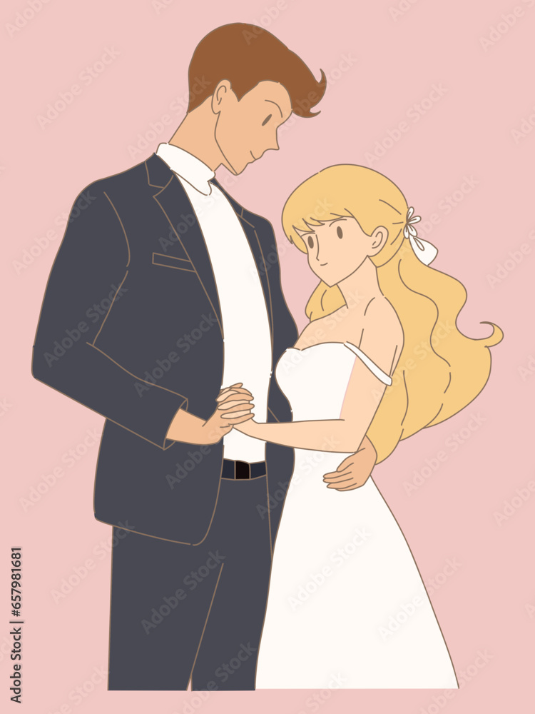 Happy wedding couple, groom and bride celebrating a wedding, dancing, holding hands, hugging, embracing each other. Wedding ceremony. Hand drawn flat cartoon character vector illustration.