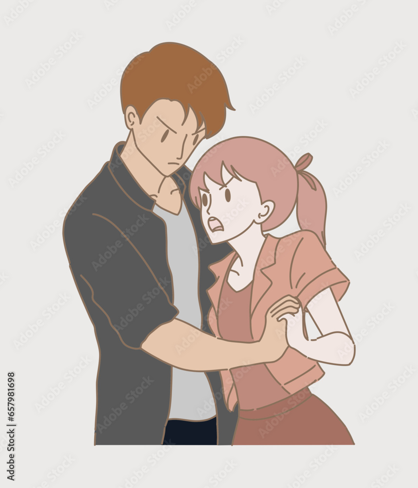 Unhappy man dissuading angry woman fighting with other person. Violently arguing, shouting quarrelling. Hand drawn flat cartoon character vector illustration.