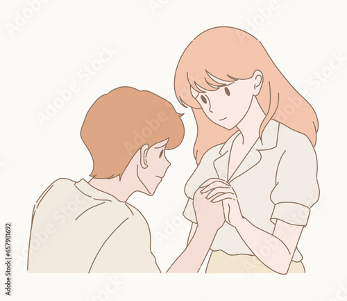 Sad couple having problems. Wife holding husband's hand, comforting each other in difficult time. Hand drawn flat cartoon character vector illustration.