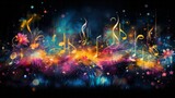 Cosmic Melody.
A vivid and colourful artistic depiction of music notes and cosmic elements.