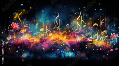 Cosmic Melody. A vivid and colourful artistic depiction of music notes and cosmic elements.