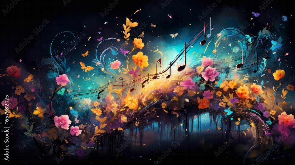 Fantasy Music Landscape with Floral Elements.
A magical landscape of music notes mingling with floral elements. - obrazy, fototapety, plakaty 