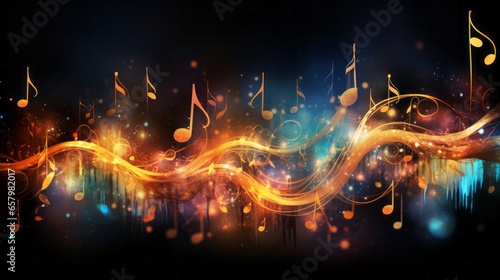 Rhythmic Music Flow. A stream of music notes flowing rhythmically against a colourful background.