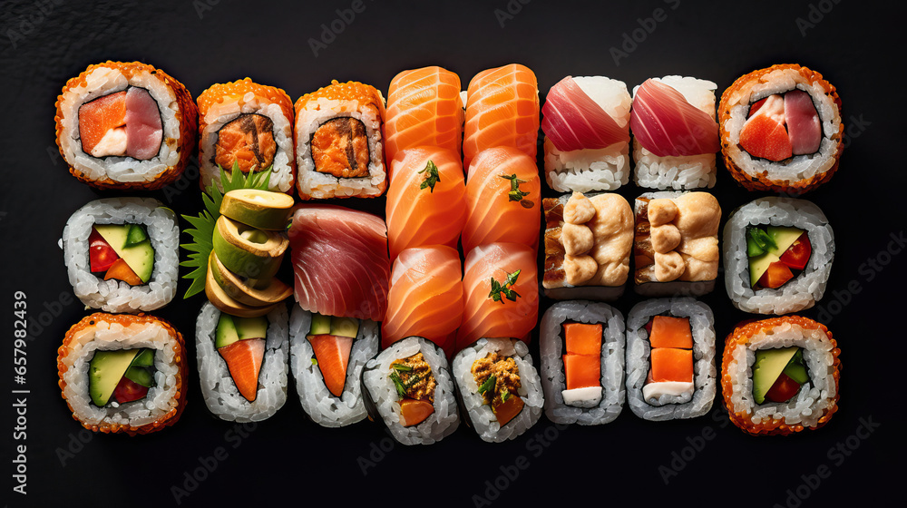 Sushi Rolls: A Delightful Feast,sushi on a black background,japanese sushi rolls,Seafood Japanese Sushi Food Photography Close Up