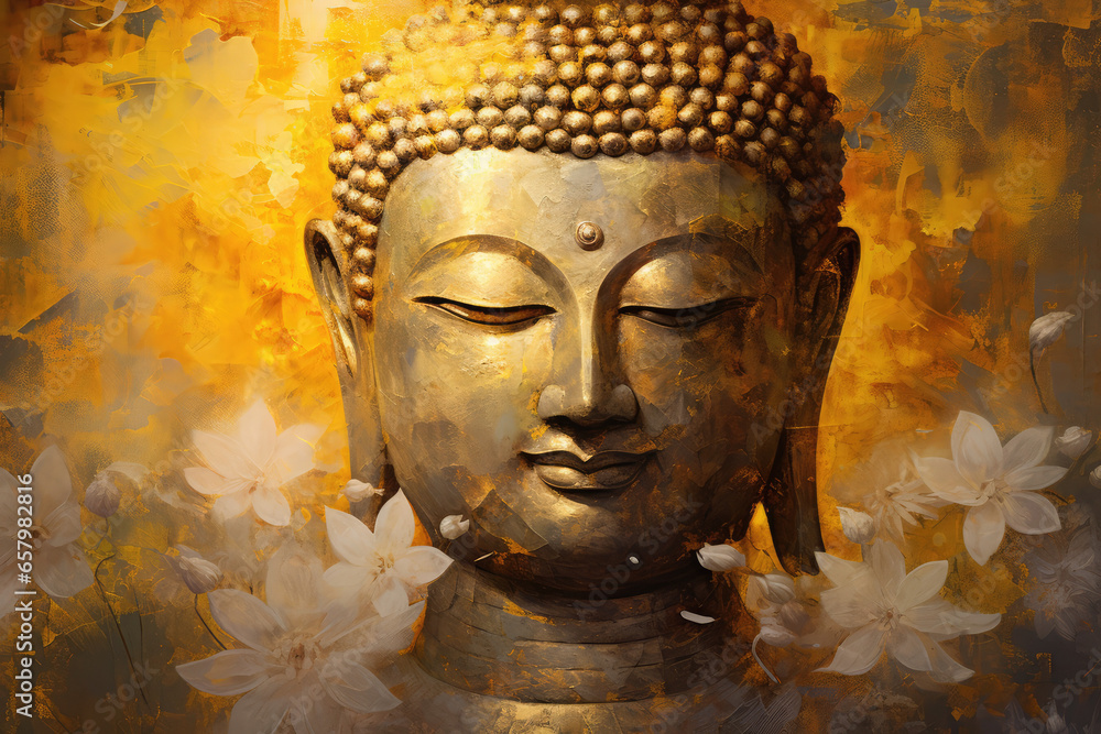 Oil painting of golden glowing Buddha face with abstract texture on background