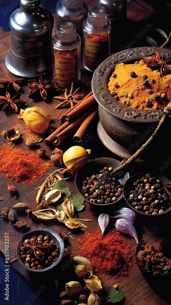 Artistic Array of Spices and Herbs,spices and herbs,spices on the market,spices and herbs on the table spices and herbs Special Features - obrazy, fototapety, plakaty 