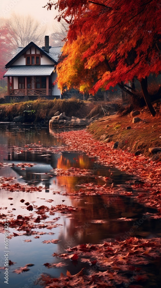 Autumn scenery with maple, river and house.