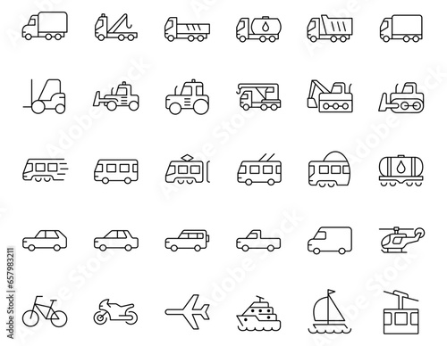 Vehicle thin line icon set. Outline stroke,Vehicle,Transport,Transportation,Car,Truck,Van,Tractor,Bus