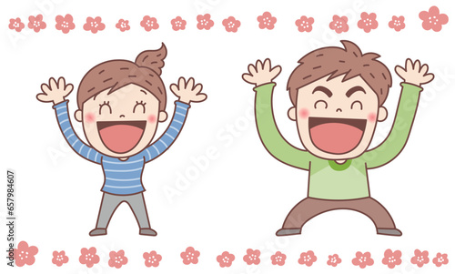 A man and a woman happily raise their hands and do a banzai