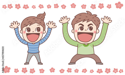 A man and a woman happily raise their hands and do a banzai