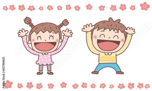 A child happily raises his hands and plays Banzai