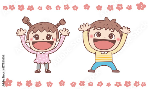 A child happily raises his hands and plays Banzai