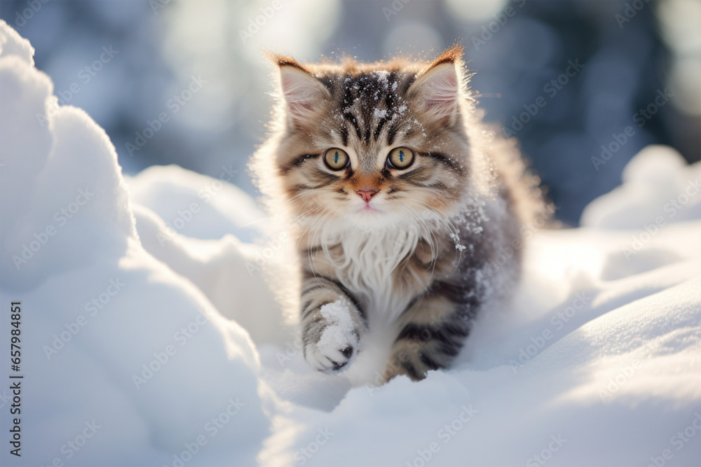 a cute cat playing in the snow
