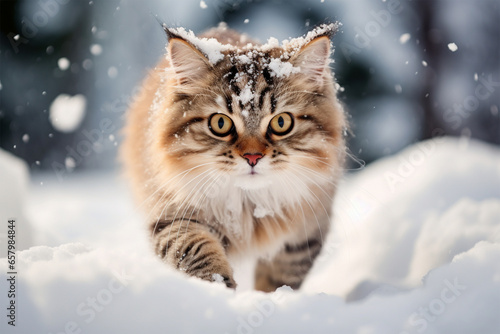 a cute cat playing in the snow © Yoshimura