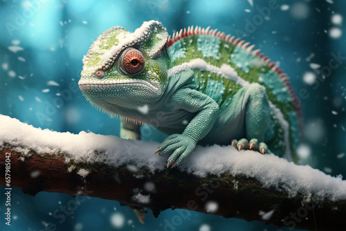 a cute chameleon playing in the snow