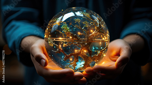 Global Grasp: A Handheld Crystal Globe,hand holding glass sphere,hand holding a ball