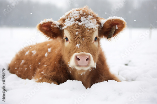 a cute cow playing in the snow