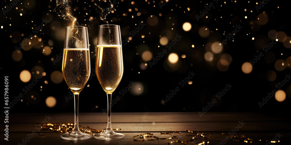New year's eve celebration card background texture with champagne, confetti and large space for text - obrazy, fototapety, plakaty 