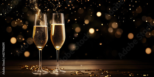 Murais de parede New year's eve celebration card background texture with champagne, confetti and