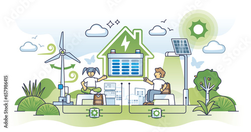 Fototapeta Naklejka Na Ścianę i Meble -  Advancement in green energy and alternative power development outline concept. Use sustainable and environmental electricity with solar panels and wind turbines as eco solution vector illustration