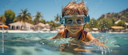 On a tropical beach, a kid wearing swim fins goes snorkelling..