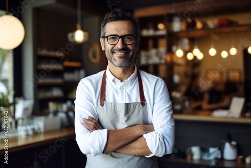 Portrait of a handsome barista in apron standing at a modern coffee shop, Small business owner, entrepreneur  © Adriana