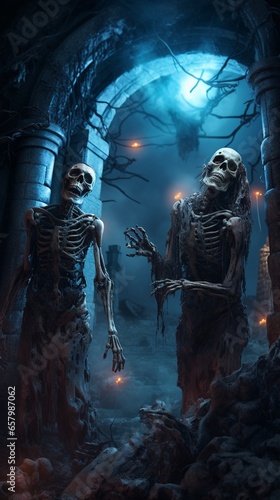 Halloween concept. Scary zombie and skeleton creep in graveyard.