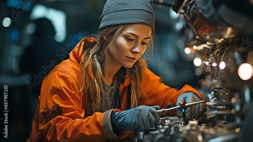 a female mechanic removes the nuts from the car's bottom while it is being raised.. © tongpatong